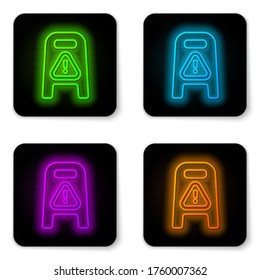 Glowing neon line Wet floor and cleaning in progress icon isolated on white background. Cleaning service concept. Black square button. Vector Illustration