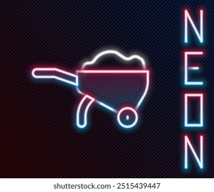 Glowing neon line Wheelbarrow with dirt icon isolated on black background. Tool equipment. Agriculture cart wheel farm. Colorful outline concept. Vector
