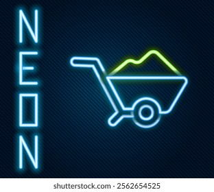Glowing neon line Wheelbarrow with dirt icon isolated on black background. Tool equipment. Agriculture cart wheel farm. Colorful outline concept. Vector Illustration