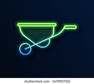 Glowing neon line Wheelbarrow icon isolated on blue background. Tool equipment. Agriculture cart wheel farm.  Vector Illustration
