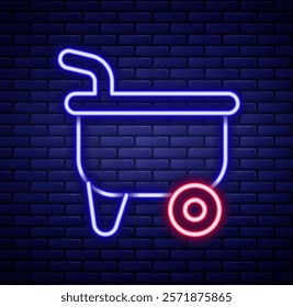 Glowing neon line Wheelbarrow icon isolated on brick wall background. Tool equipment. Agriculture cart wheel farm. Colorful outline concept. Vector
