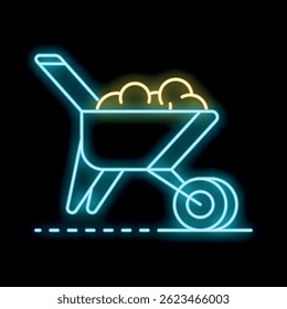 Glowing neon line wheelbarrow with stones icon isolated on black background. Vector illustration