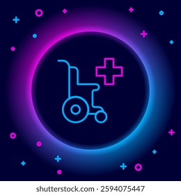 Glowing neon line Wheelchair for disabled person icon isolated on black background. Colorful outline concept. Vector