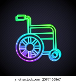 Glowing neon line Wheelchair for disabled person icon isolated on black background.  Vector