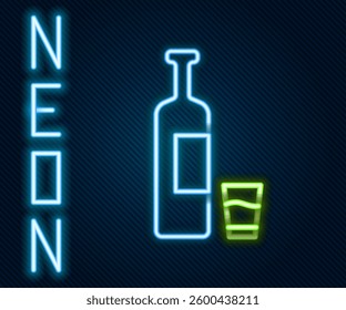 Glowing neon line Whiskey bottle and glass icon isolated on black background. Colorful outline concept. Vector Illustration
