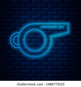 Glowing neon line Whistle icon isolated on brick wall background. Referee symbol. Fitness and sport sign.  Vector Illustration