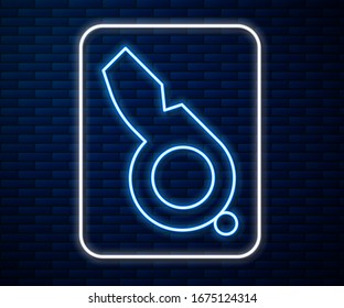 Glowing neon line Whistle icon isolated on brick wall background. Referee symbol. Fitness and sport sign.  Vector Illustration