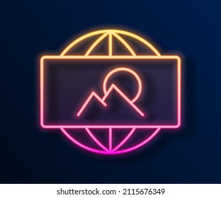 Glowing neon line Wide angle picture icon isolated on black background. Panorama view.  Vector