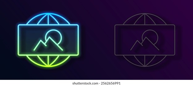 Glowing neon line Wide angle picture icon isolated on black background. Panorama view.  Vector