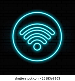 Glowing neon line Wi-Fi wireless internet network symbol icon isolated on brick wall background. Colorful outline concept.