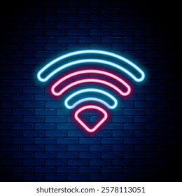 Glowing neon line Wi-Fi wireless internet network symbol icon isolated on brick wall background. Colorful outline concept. Vector