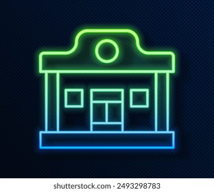 Glowing neon line Wild west saloon icon isolated on blue background. Old west building.  Vector