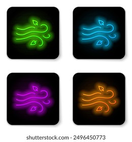Glowing neon line Wind icon isolated on white background. Windy weather. Black square button. Vector Illustration