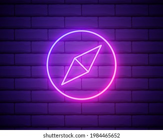 Glowing neon line Wind rose icon isolated on brick wall background. Compass icon for travel. Navigation design. Vector Illustration.