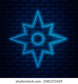 Glowing neon line Wind rose icon isolated on brick wall background. Compass icon for travel. Navigation design.  Vector
