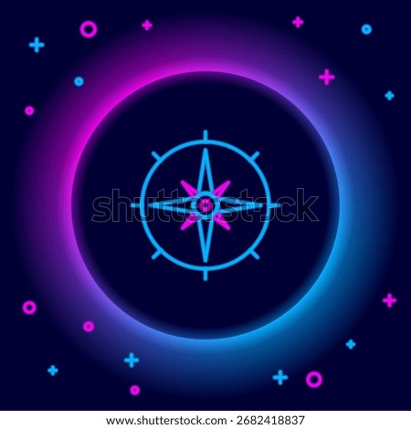 Glowing neon line Wind rose icon isolated on black background. Compass icon for travel. Navigation design. Colorful outline concept. Vector