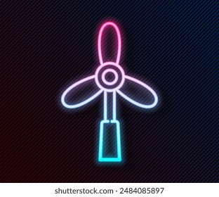 Glowing neon line Wind turbine icon isolated on black background. Wind generator sign. Windmill for electric power production.  Vector Illustration