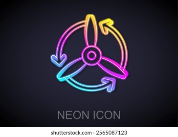 Glowing neon line Wind turbine icon isolated on black background. Wind generator sign. Windmill for electric power production.  Vector