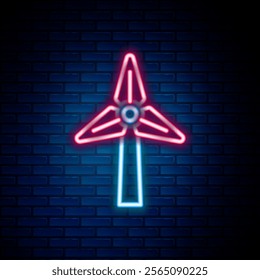 Glowing neon line Wind turbine icon isolated on brick wall background. Wind generator sign. Windmill for electric power production. Colorful outline concept. Vector