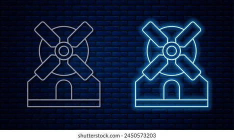 Icono de molino de viento de línea de neón brillante aislado sobre fondo de pared de ladrillo.  Vector