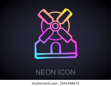 Icono de molino de viento de línea de neón brillante aislado sobre fondo negro.  Vector