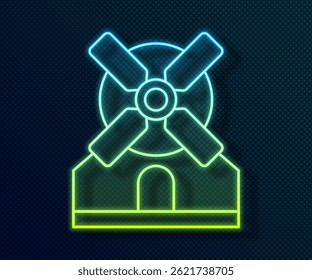 Glowing neon line Windmill icon isolated on black background.  Vector