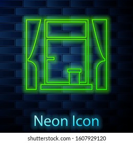 Glowing neon line Window with curtains in the room icon isolated on brick wall background.  Vector Illustration
