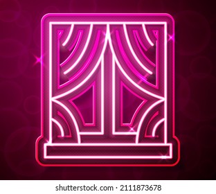 Glowing neon line Window with curtains in the room icon isolated on red background.  Vector