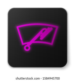 Glowing neon line Windscreen wiper icon isolated on white background. Black square button. Vector Illustration