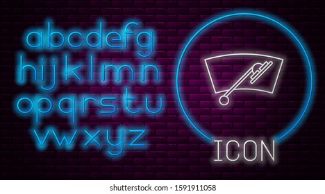 Glowing neon line Windscreen wiper icon isolated on brick wall background. Neon light alphabet. Vector Illustration
