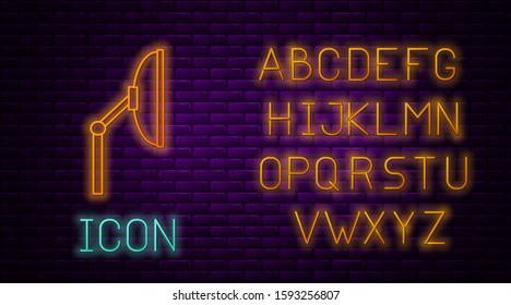 Glowing neon line Windscreen wiper icon isolated on brick wall background. Neon light alphabet. Vector Illustration