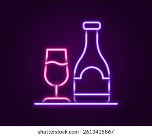 Glowing neon line Wine bottle with glass icon isolated on black background. Colorful outline concept. Vector