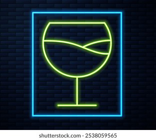 Linha de neon brilhante Ícone de vidro de vinho isolado no fundo da parede de tijolo. Sinal de vidro.  Ilustração de vetor