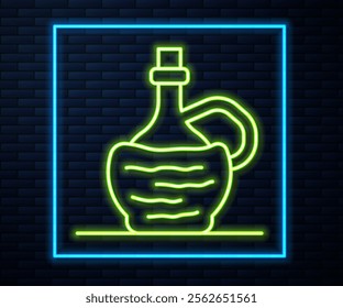 Glowing neon line Wine in italian fiasco bottle icon isolated on brick wall background. Wine bottle in a rattan stand.  Vector