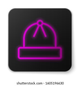 Glowing neon line Winter hat icon isolated on white background. Black square button. Vector Illustration
