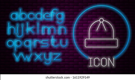 Glowing neon line Winter hat icon isolated on brick wall background. Neon light alphabet. Vector Illustration