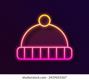 Glowing neon line Winter hat icon isolated on black background.  Vector