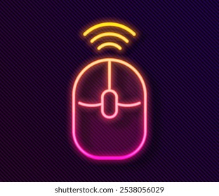 Glowing neon line Wireless computer mouse icon isolated on black background. Optical with wheel symbol.  Vector