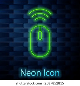 Glowing neon line Wireless computer mouse system icon isolated on brick wall background. Internet of things concept with wireless connection.  Vector