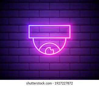 Glowing neon line Wireless Controlling CCTV security camera icon isolated on brick wall background. IOT Concept and remote home appliance. Vector Illustration.