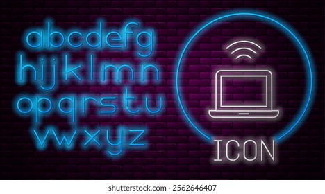 Glowing neon line Wireless laptop icon isolated on brick wall background. Internet of things concept with wireless connection. Neon light alphabet. Vector