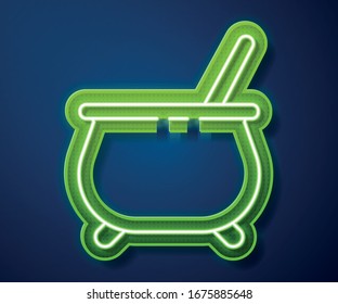 Glowing neon line Witch cauldron icon isolated on blue background. Happy Halloween party.  Vector Illustration