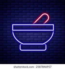 Glowing neon line Witch cauldron icon isolated on brick wall background. Happy Halloween party. Colorful outline concept. Vector