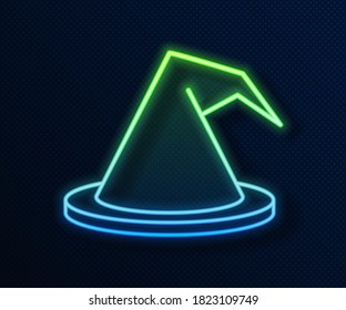 Glowing neon line Witch hat icon isolated on blue background. Happy Halloween party.  Vector Illustration