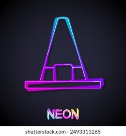 Glowing neon line Witch hat icon isolated on black background. Happy Halloween party.  Vector