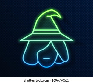 Glowing neon line Witch icon isolated on blue background. Happy Halloween party.  Vector Illustration