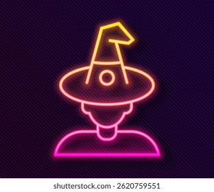 Glowing neon line Witch icon isolated on black background. Happy Halloween party.  Vector