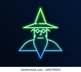 Glowing neon line Wizard warlock icon isolated on blue background.  Vector Illustration