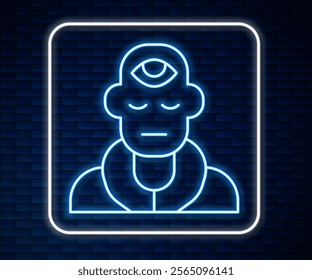 Glowing neon line Wizard warlock icon isolated on brick wall background.  Vector