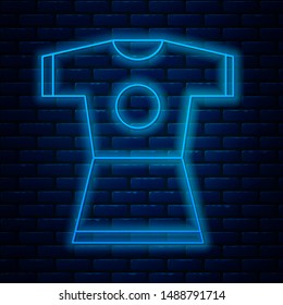 Glowing neon line Woman dress icon isolated on brick wall background. Clothes sign.  Vector Illustration